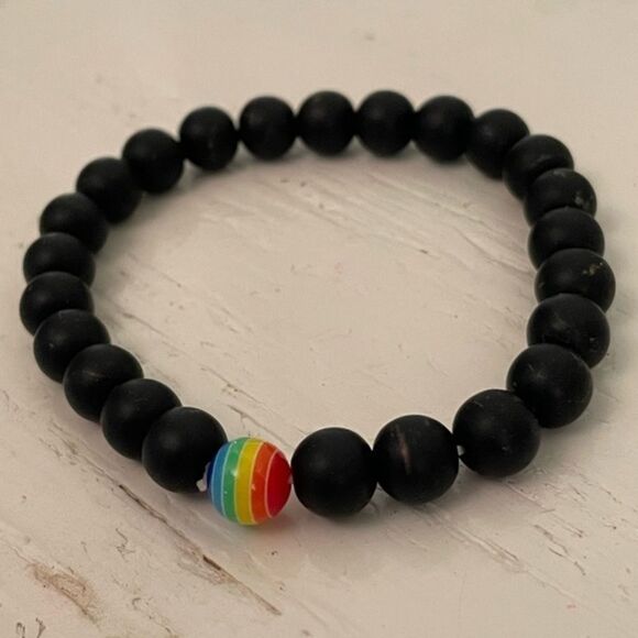 Stackable opaque black ebony beaded stretch bracelet w/LGBTQ+ bead - Picture 4 of 11